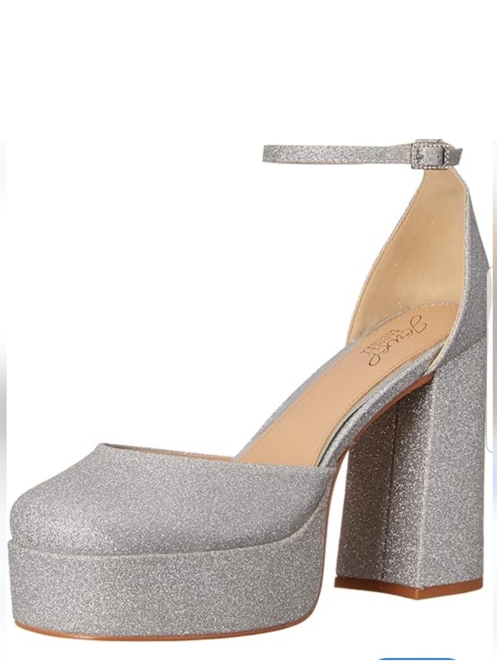 Jewel by Badgley Mischka Giada Silver Glitter Platform Ankle-Strap Heels